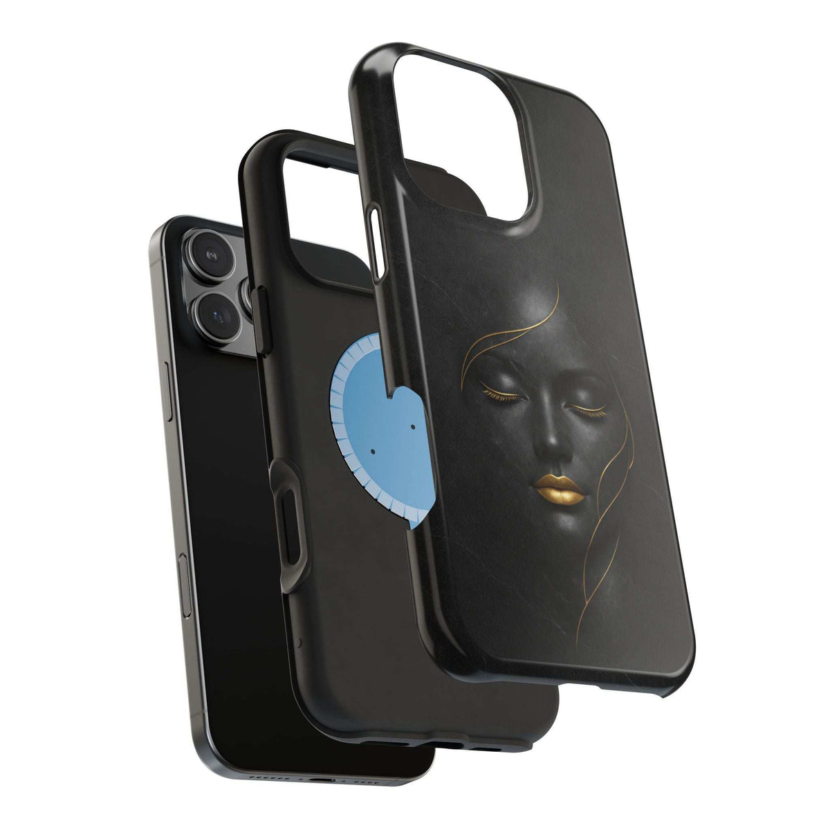 Black phone case with gold face illustration, blue ear shape, and camera cutout.