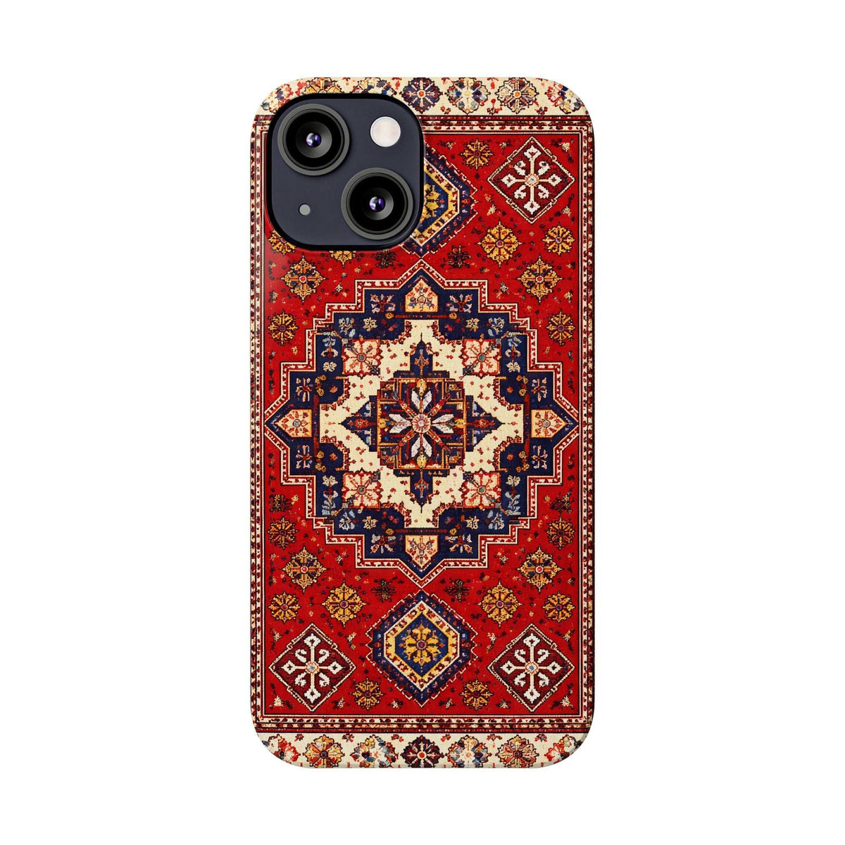 Armenian carpet patterned phone case, red with navy and cream center medallion; camera cutouts.