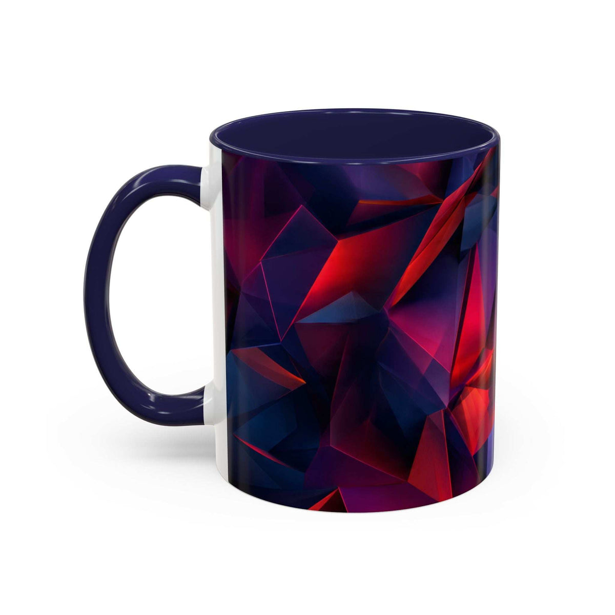 Geometric ceramic mug with red and navy abstract wrap; navy handle and lid, white interior