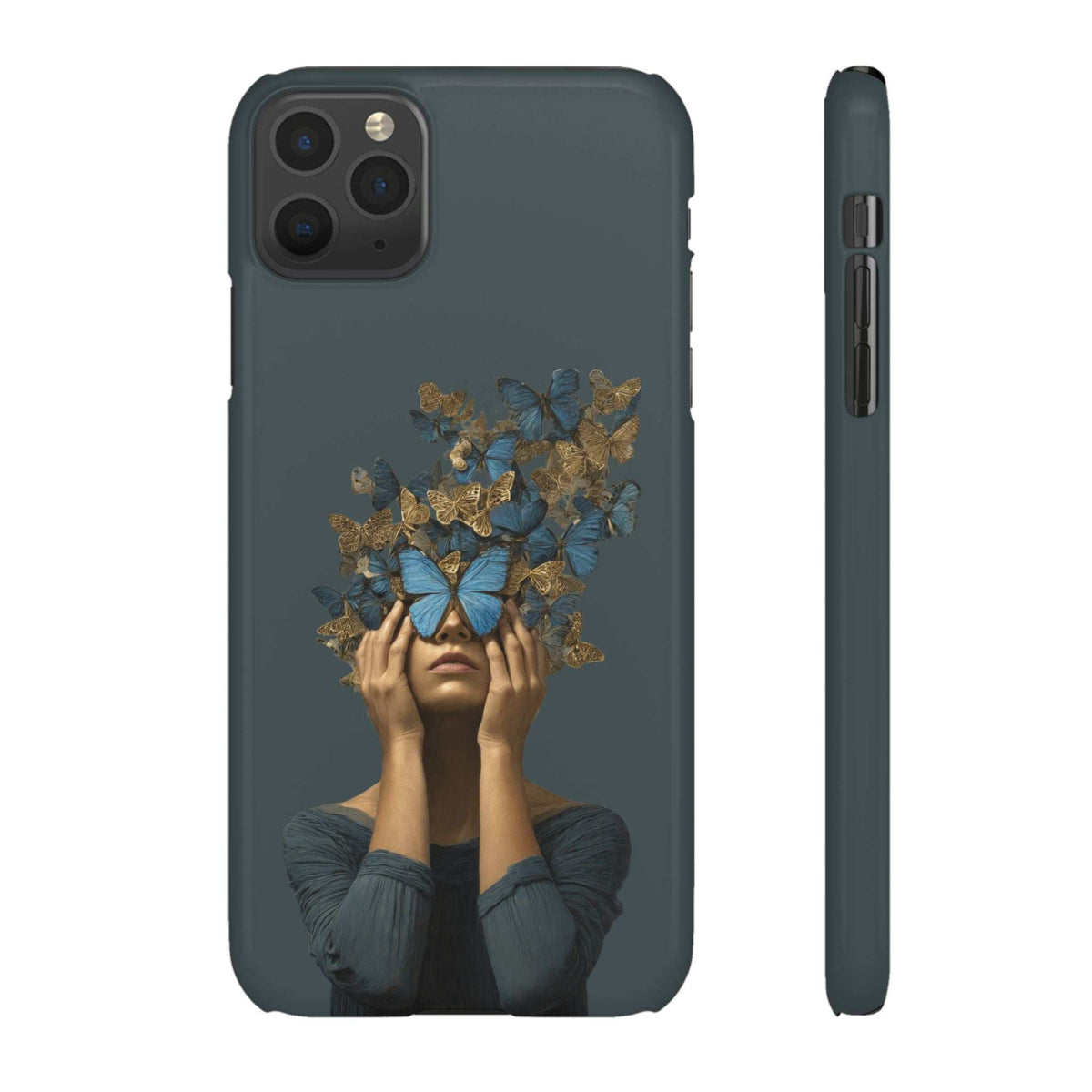 Dark gray phone case with butterfly woman graphic and cutouts for camera and flash