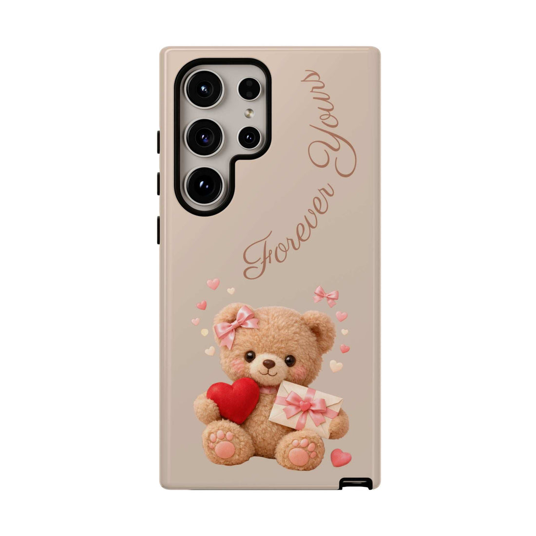 Beige phone case with teddy bear, red heart, and pink ribbon gift graphic; Samsung Galaxy.