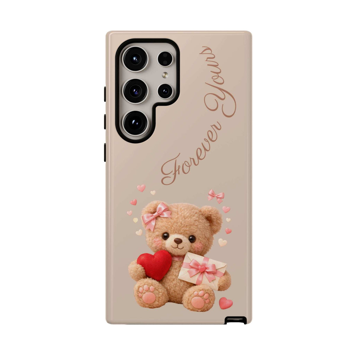 Beige phone case with teddy bear and red heart; back view with camera cutouts