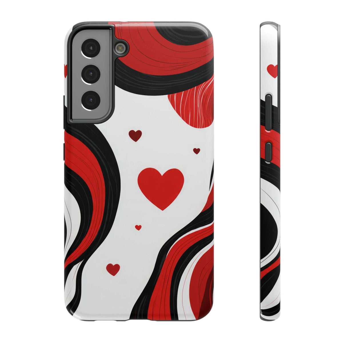Glossy phone case close view with red heart swirl design and camera cutouts