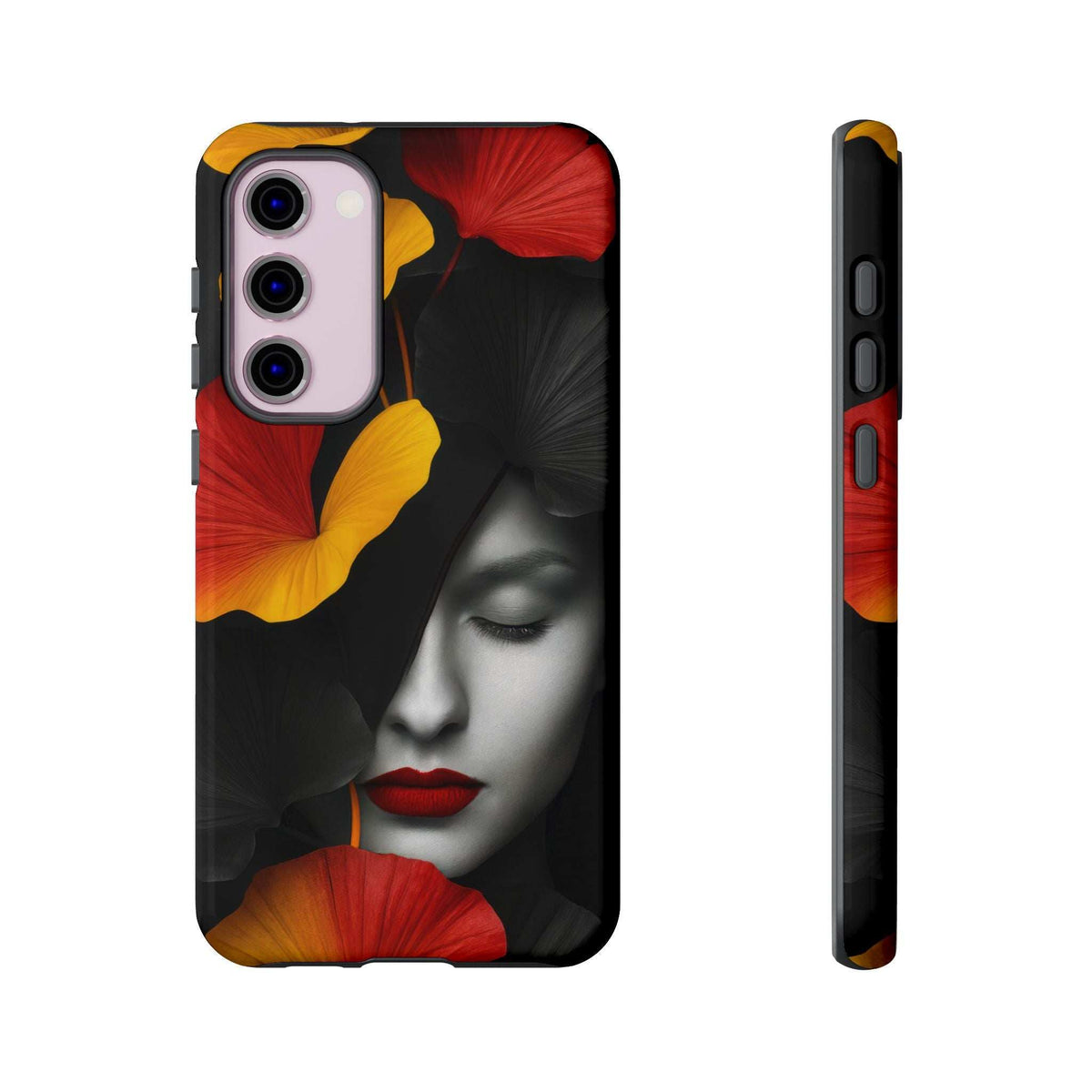 Glossy phone case with art of woman face and red/yellow flower details