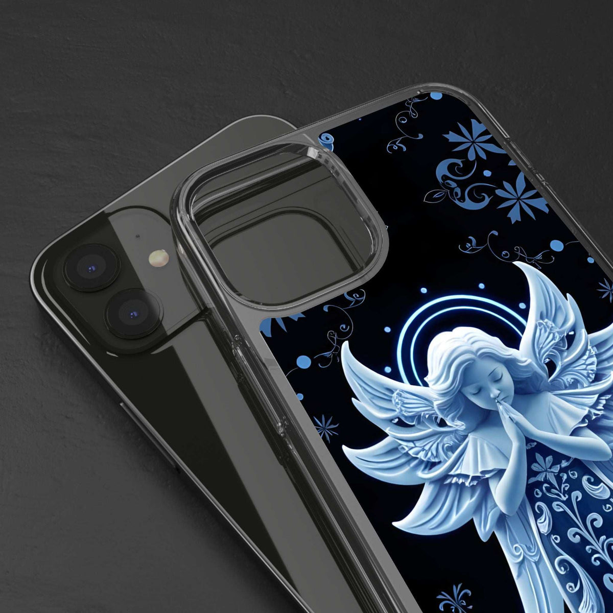 Transparent phone case with blue angel prayer design and camera area details