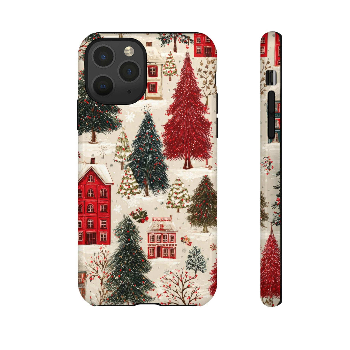 Winter village phone case showing back camera area with red houses and evergreen trees