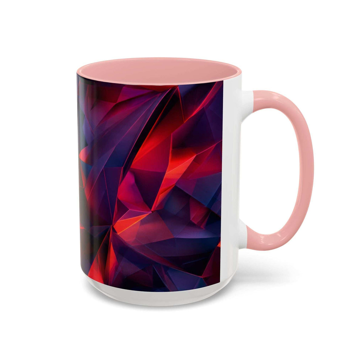 Ceramic coffee mug with geometric red and purple abstract pattern, pink rim, side handle