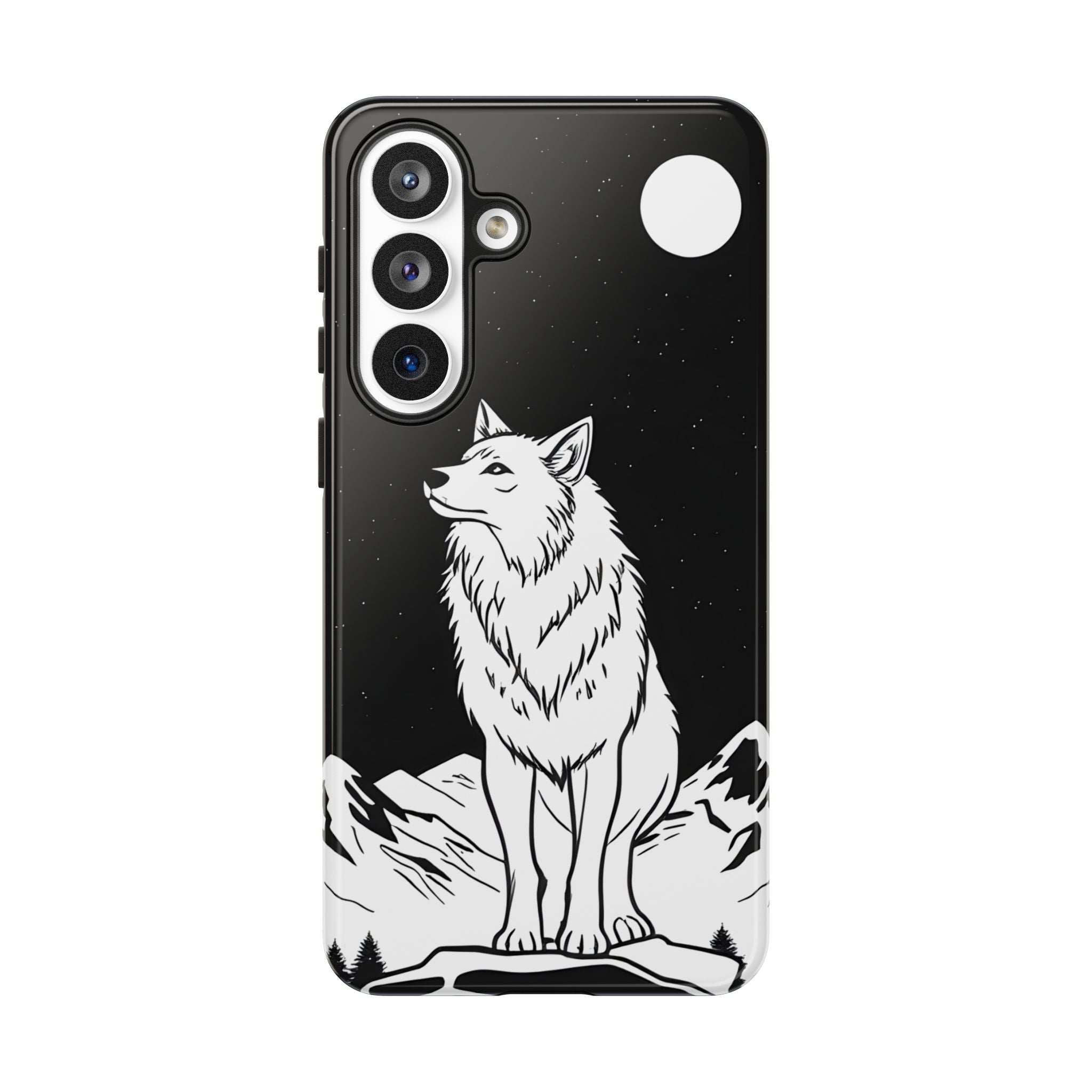 Black phone case with white wolf artwork, triple camera cutouts, and top-right circle