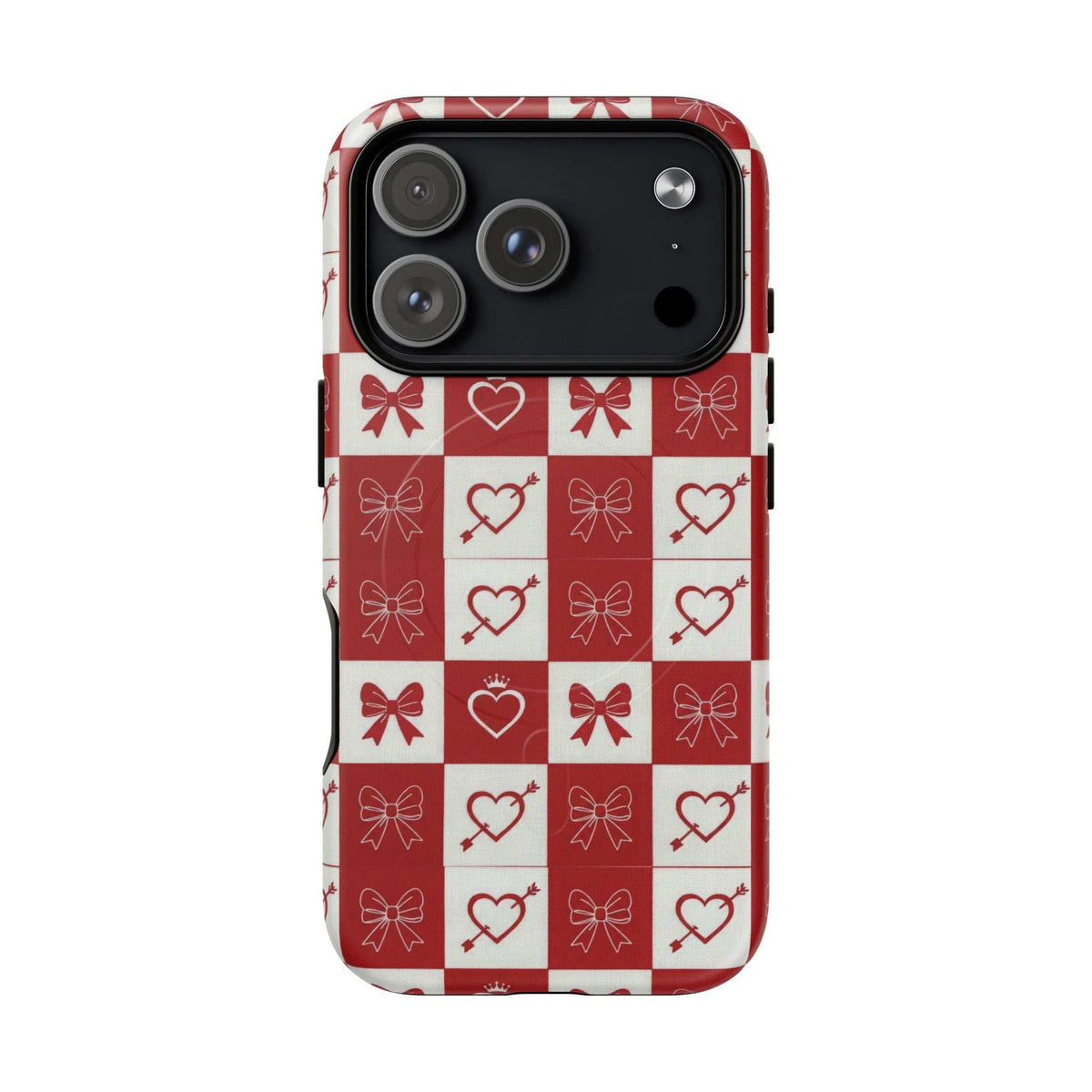 Red and white checkered phone case with hearts and bows pattern, camera cutouts
