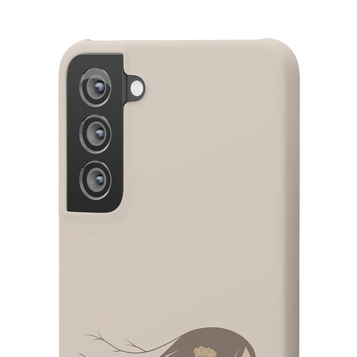 Beige phone case with black triple-camera panel and flower-and-vine graphic on back