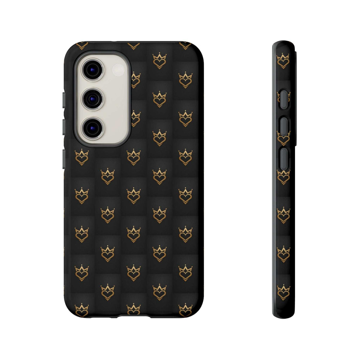 Glossy dark phone case with gold crown heart doodles, front view with large camera opening
