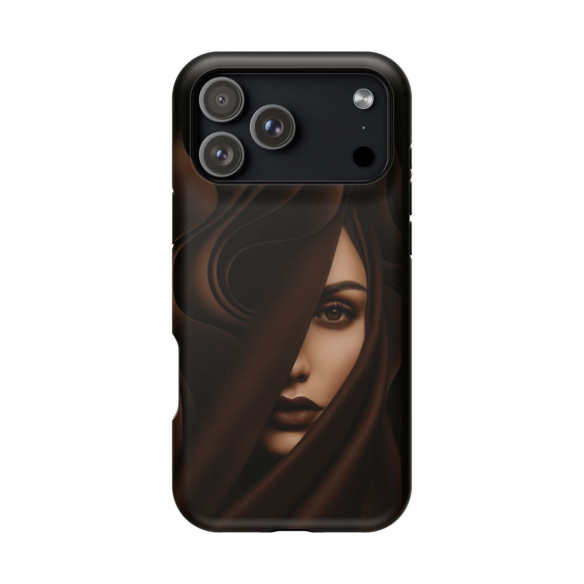 Black phone case with moody woman portrait; full back view with camera cutouts