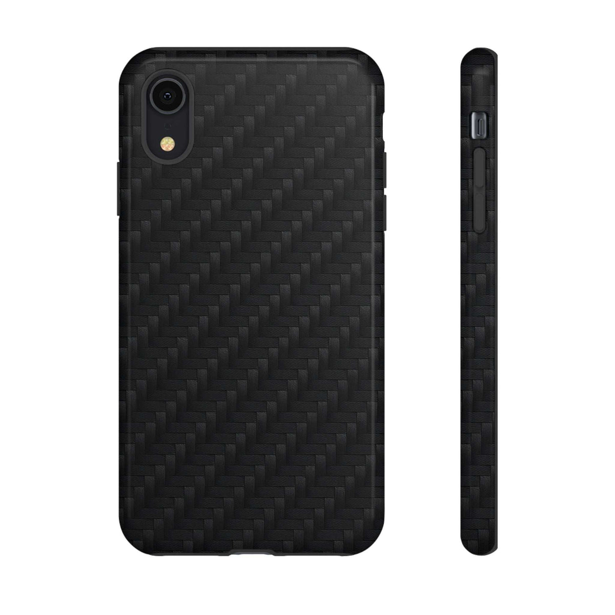 Glossy black carbon phone case back with camera cutout and textured woven pattern.