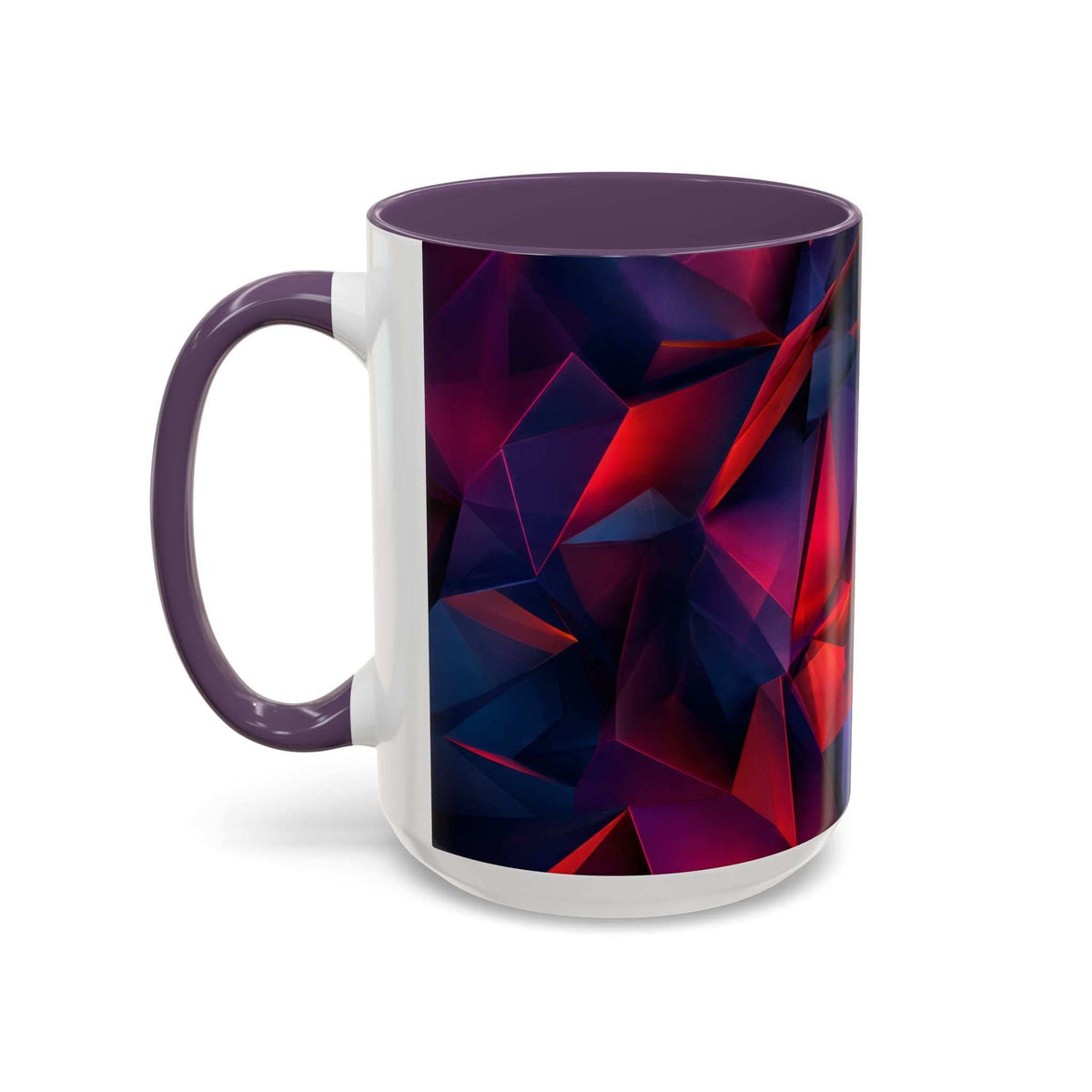 Ceramic mug with purple handle and lid, white body and red-blue geometric design (left)