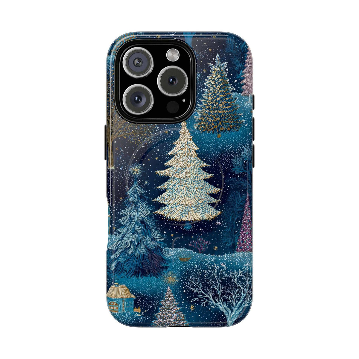 Glossy blue iPhone case with snowy pine trees and sparkles; camera lenses covered.