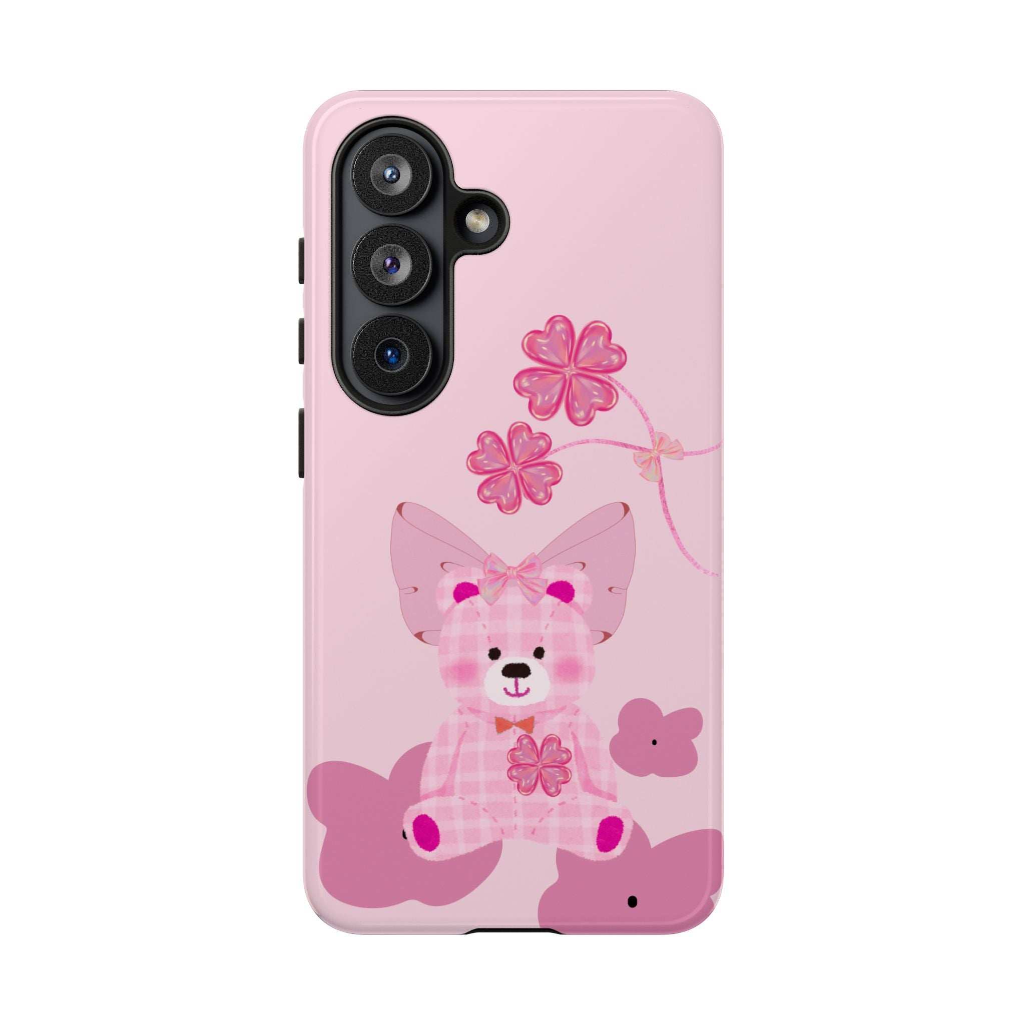 Light pink teddy bear phone case with bow and flower artwork, vertical triple camera