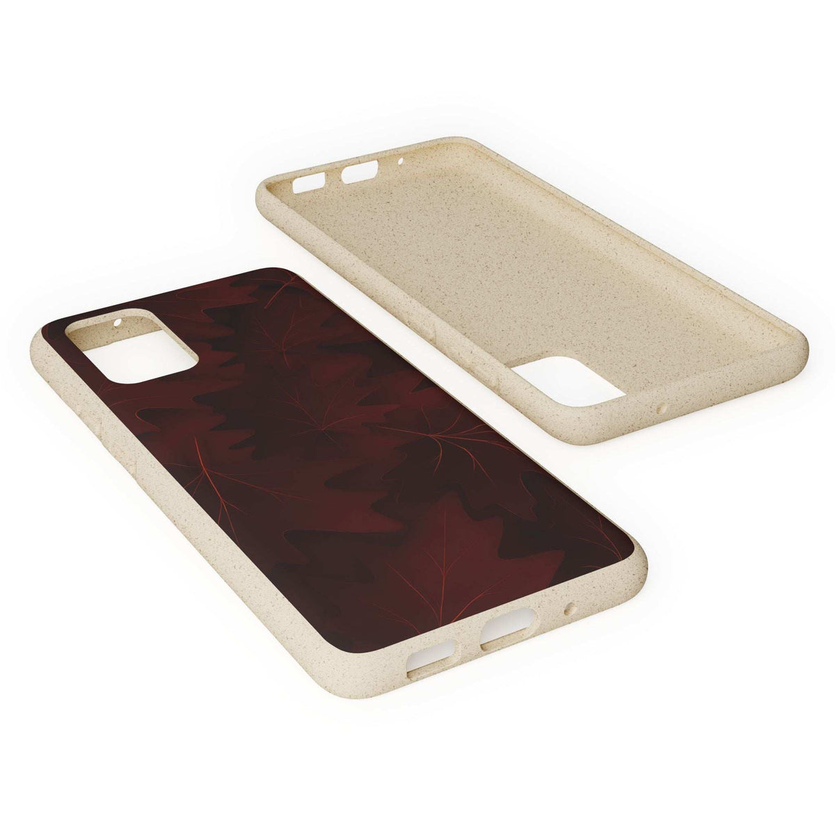 Phone case set from above: dark red leaf pattern case and beige back case