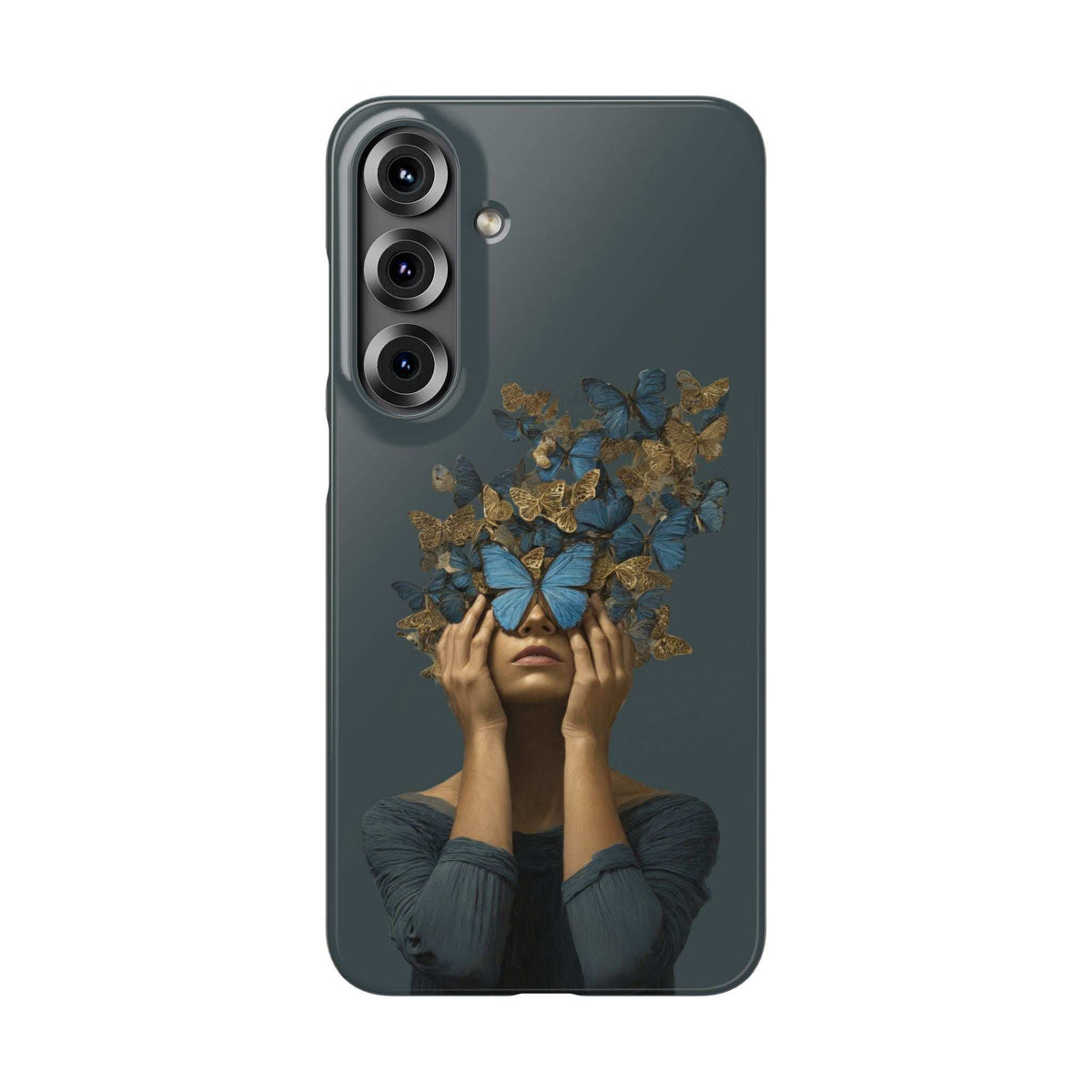 Phone case with dark blue butterfly crown art and gold branches; triple camera cutouts