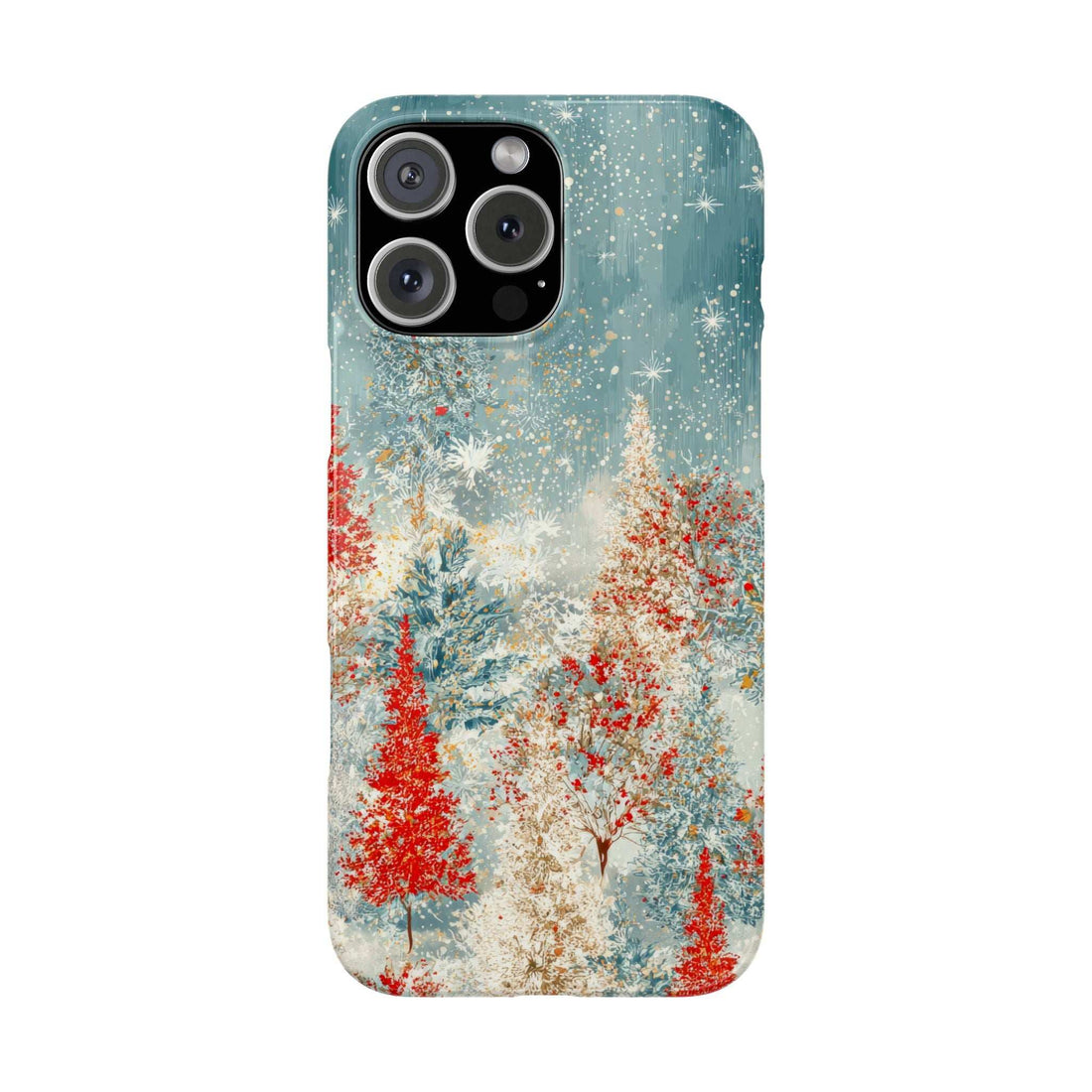 Phone case front view with snowy forest print and teal rim; camera lenses visible