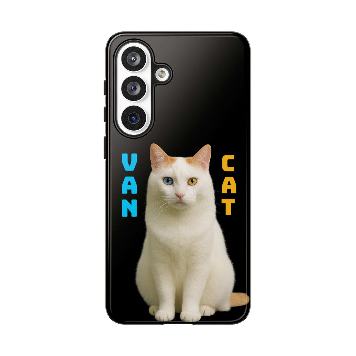 Black glossy phone case with white cat graphic and triple camera cutouts