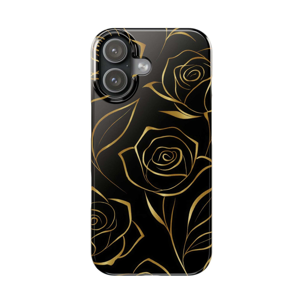 Black phone case with gold rose line art and camera cutouts around lenses