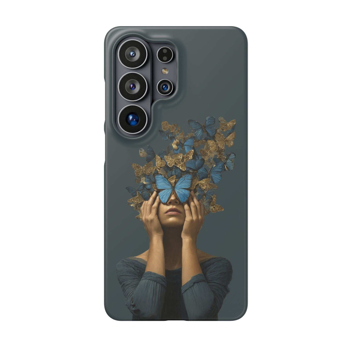 Dark gray phone case with gold-and-blue butterfly graphic and camera cutouts