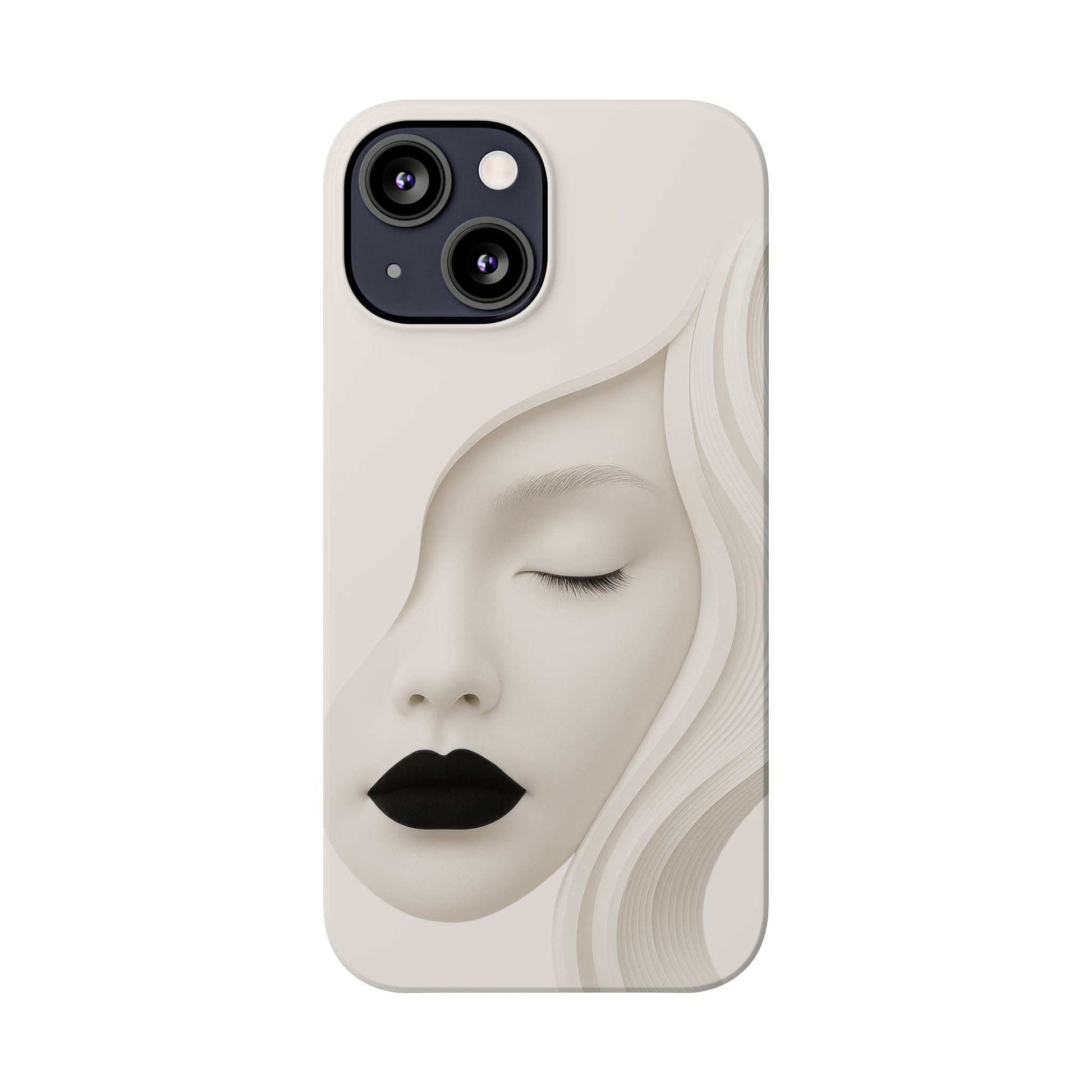 Minimalist face phone case for iPhone 11–17, beige back with face graphic and camera cutouts.