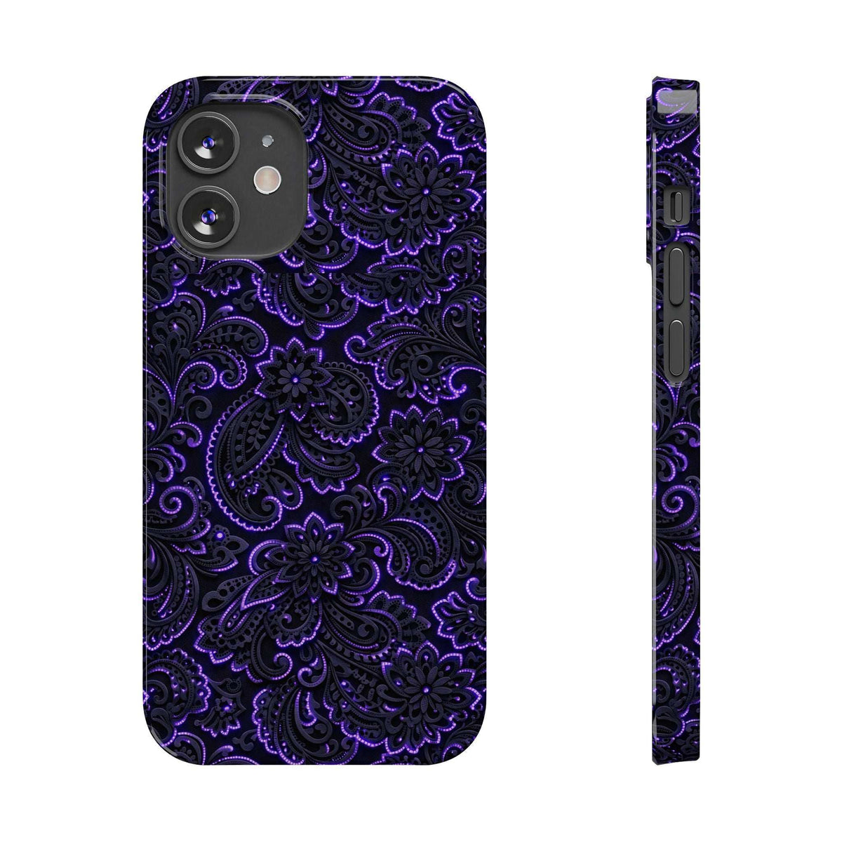 Phone case with neon purple paisley pattern on dark background, front and side profile.