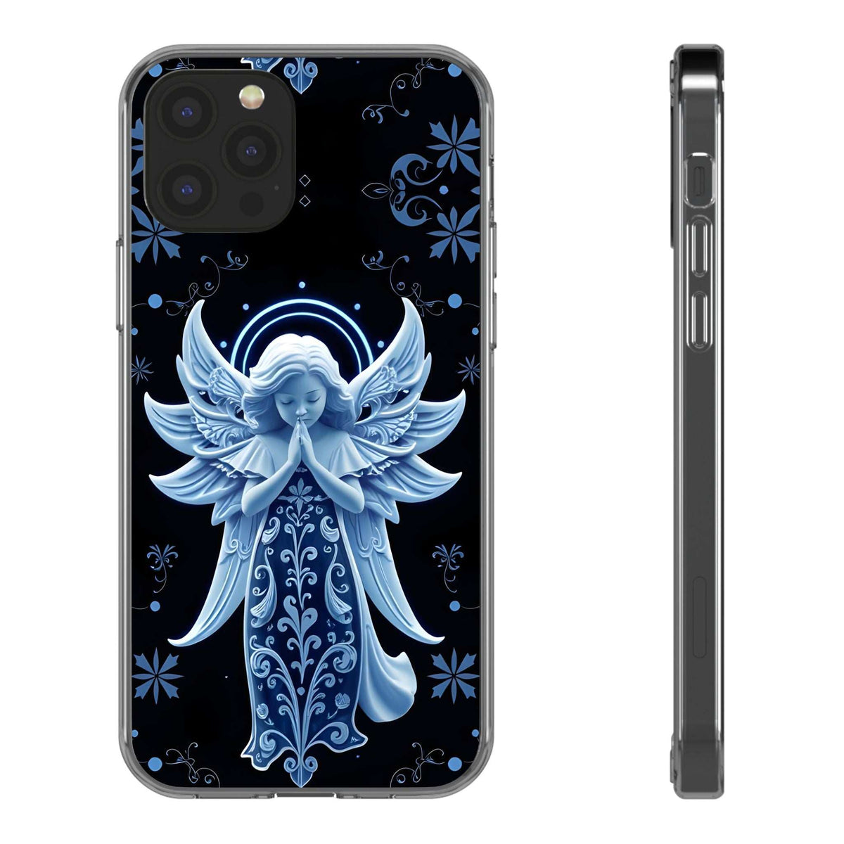 Blue angel prayer phone case with clear edges and dark patterned floral backdrop