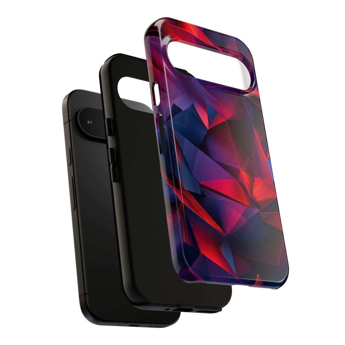 Glossy crystalline prism phone case, red-blue faceted pattern, front opening and edges