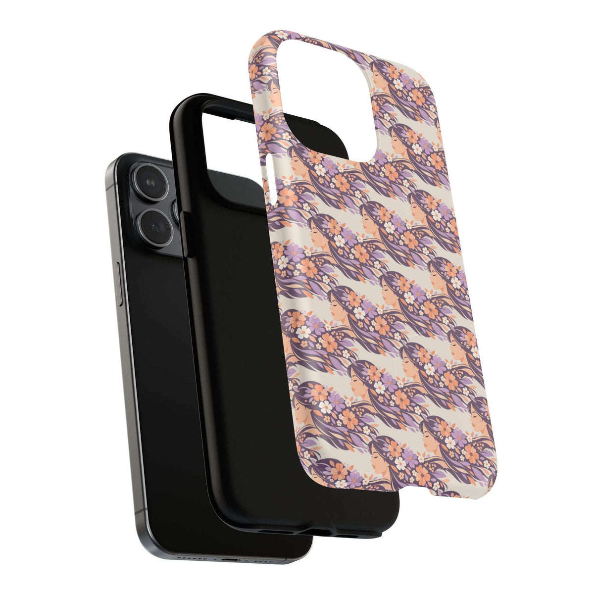 Floral phone case with peach and purple floral pattern, raised camera area and cutouts