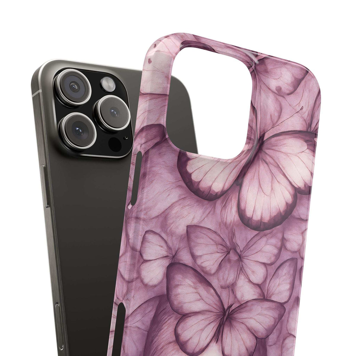 Purple butterfly phone case shown from the side, with open back and camera cutout.