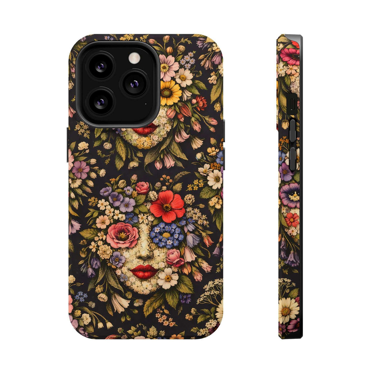 iPhone 13-17 phone case front and side view, vintage floral face print on dark
