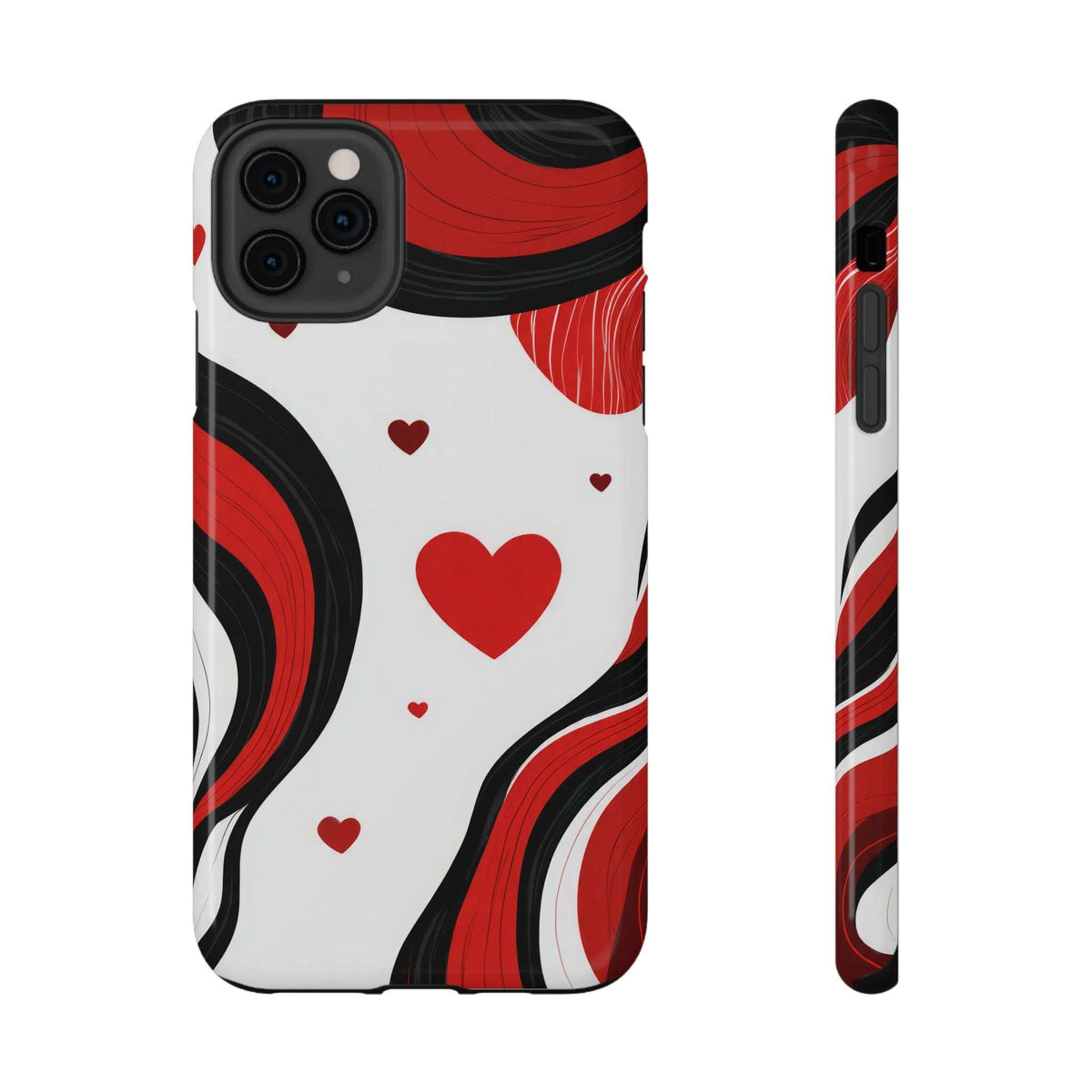 Phone case front and side view with red heart swirl pattern and camera cutout