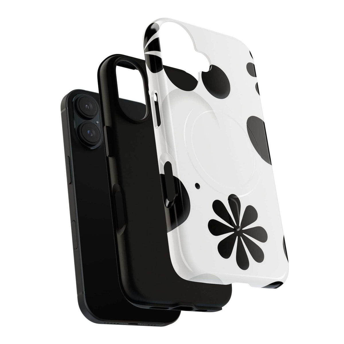 Magnetic phone case, white back with black flower print and abstract leaves; front screen shown.