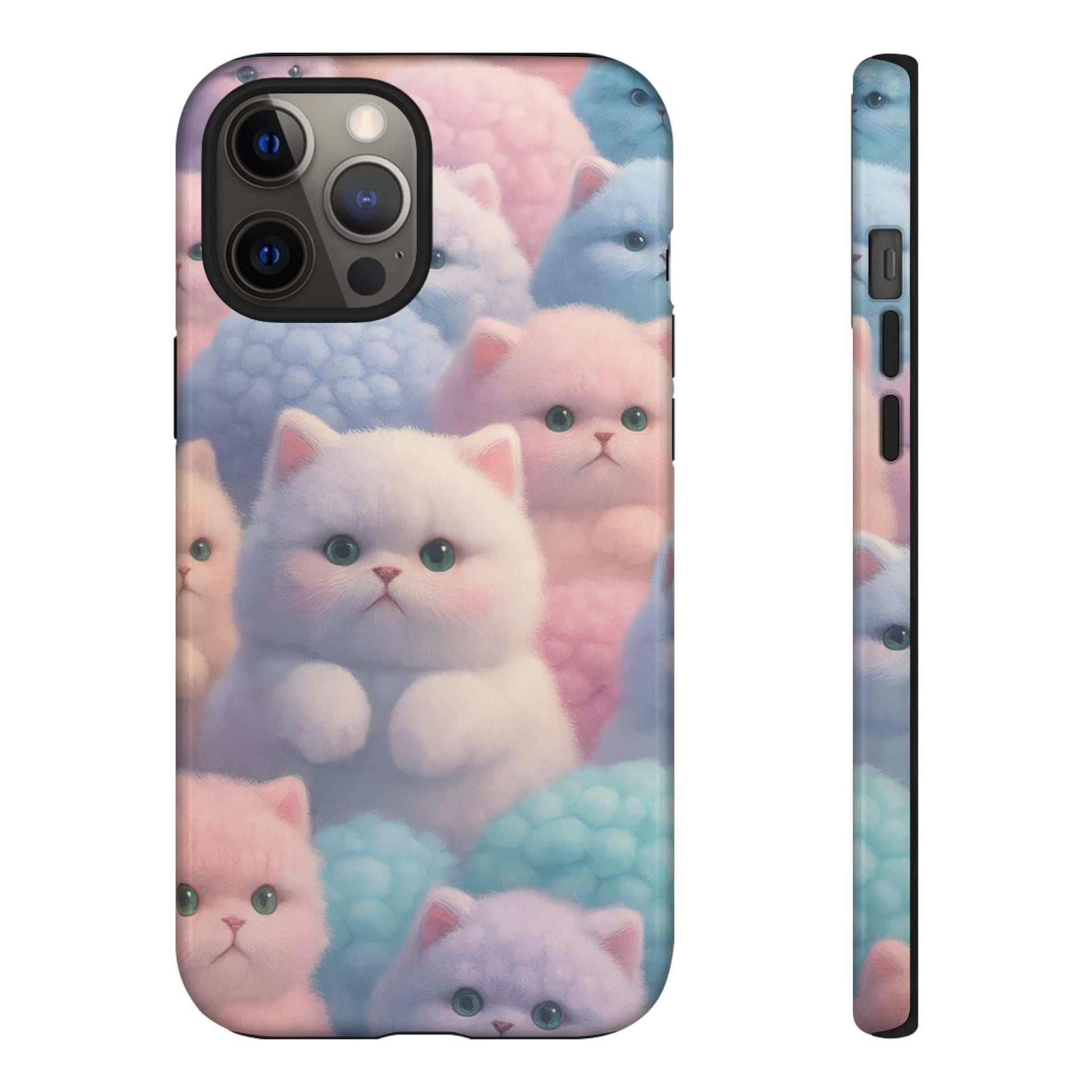 Glossy pastel kitten phone case with cats pattern, back camera cutout and side openings