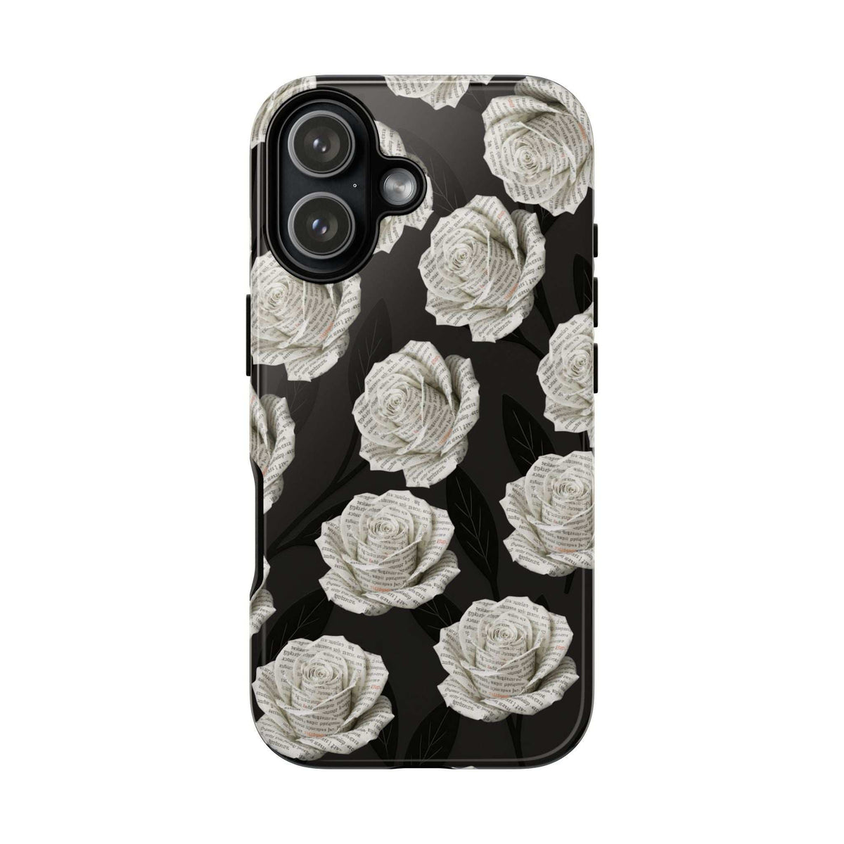 Phone case with black background and white rose pattern; triple-lens camera cutout on top-left.