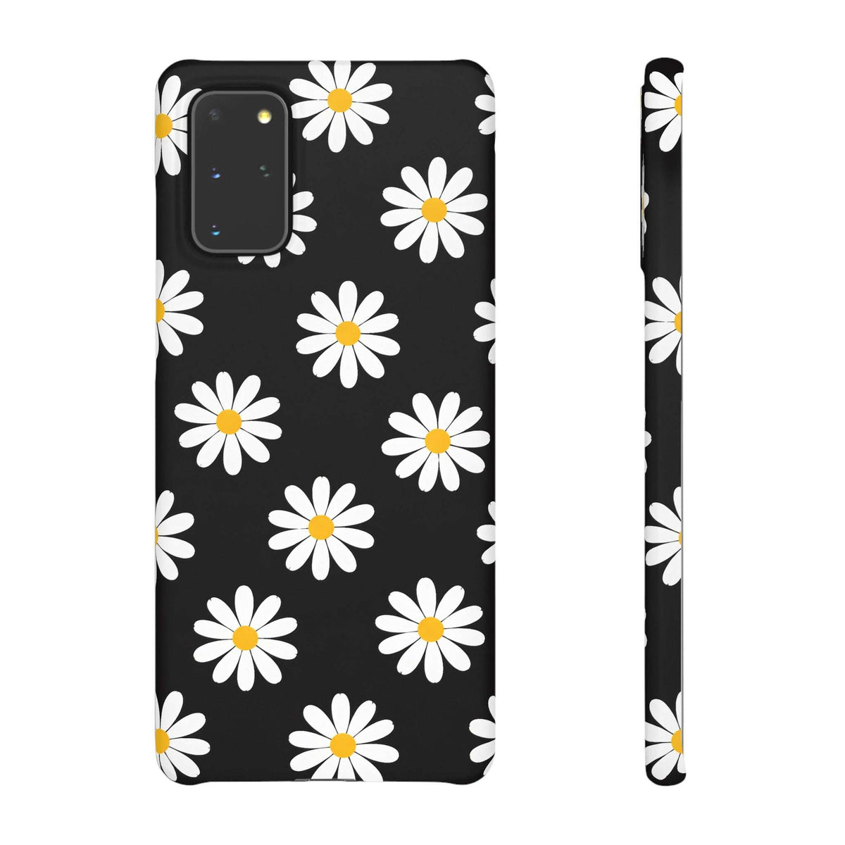 Black phone case with white daisies and yellow centers; slim side view with cutout details.