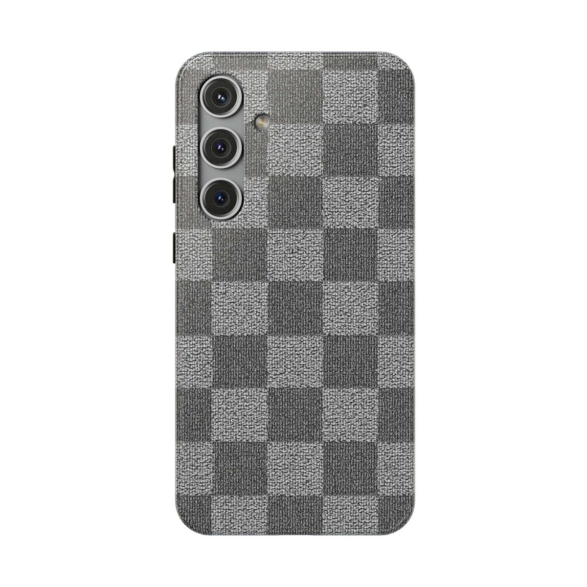 Gray checkered phone case with textured fabric and triple camera openings on back.