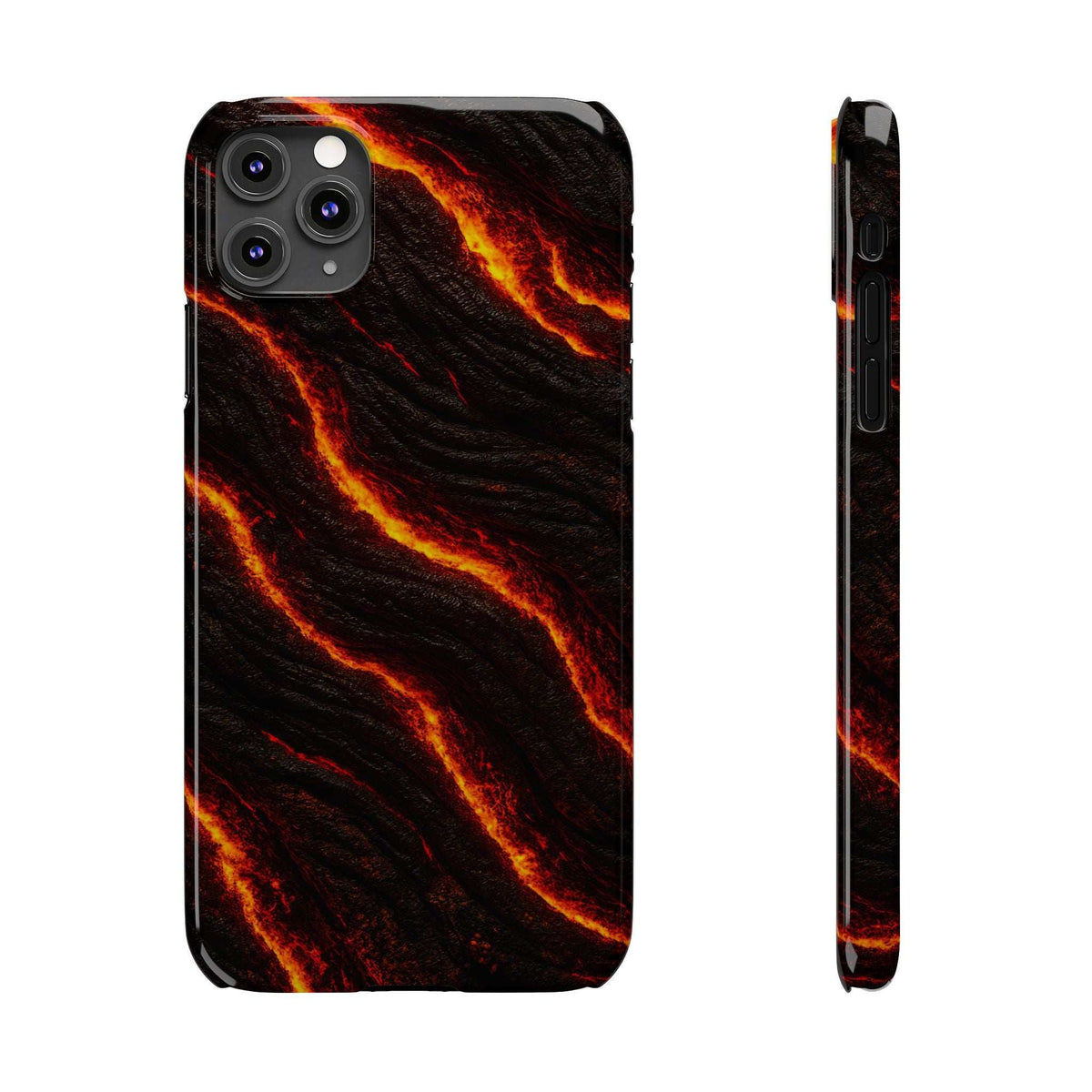 Black phone case with orange lava streak design; side buttons and camera cutouts