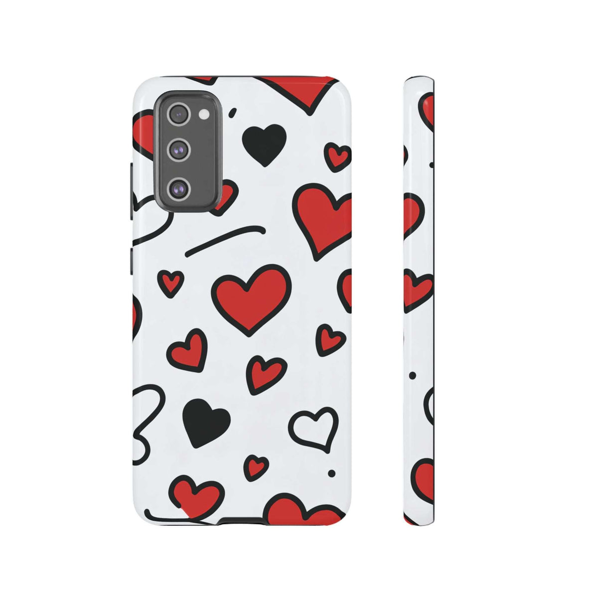 White phone case with red and black hearts design; side profile shows button cutout
