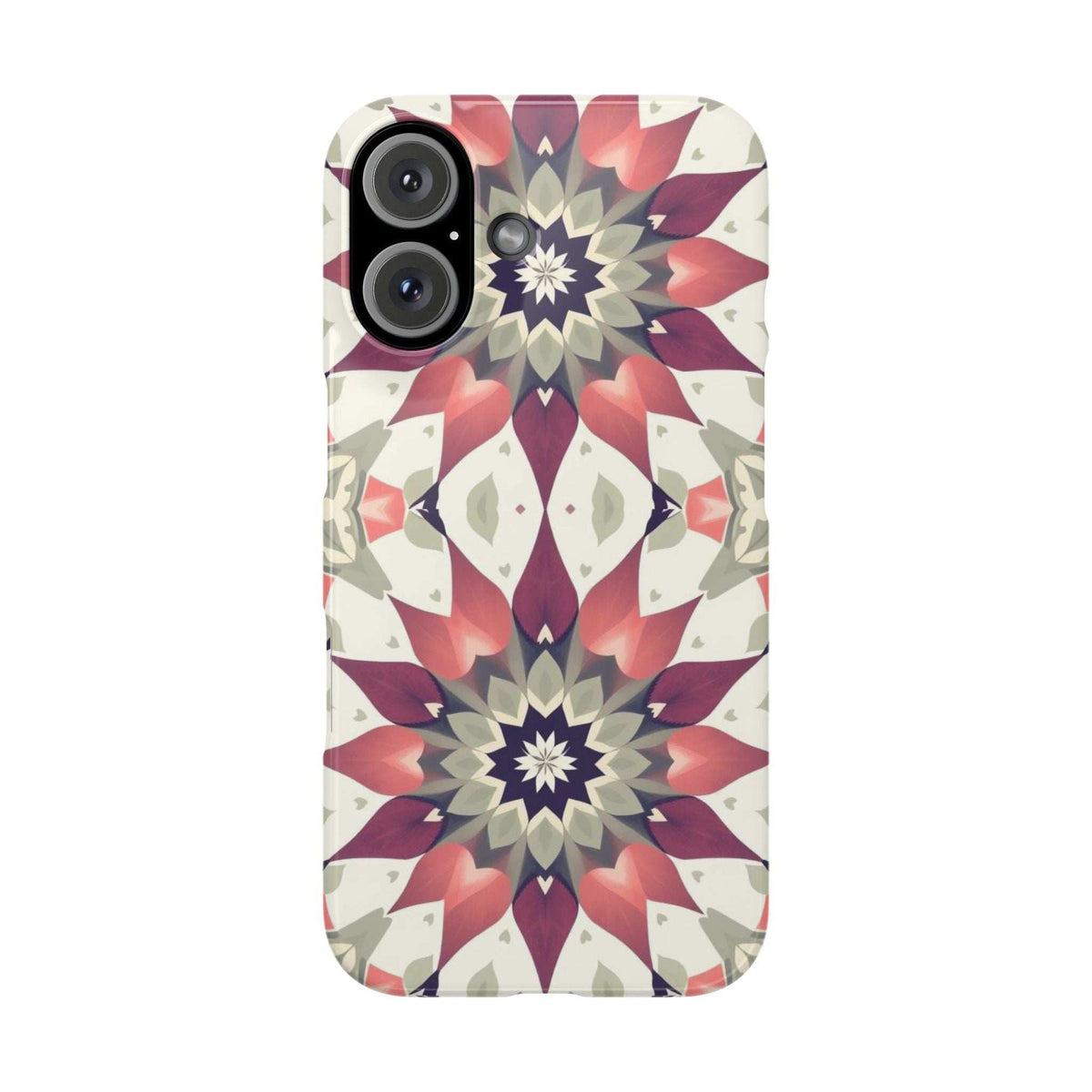 Phone case with burgundy and navy mandala floral pattern on a cream background, dual camera cutouts.
