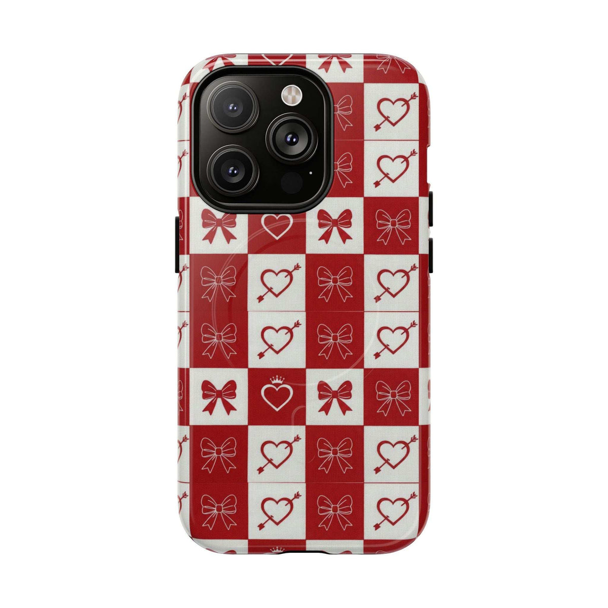 Phone case back cover with red-and-white hearts and bow checkered design, lens cutouts