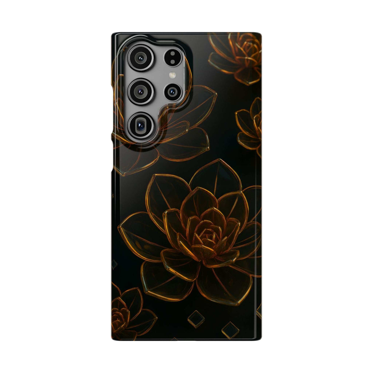 Glossy glass phone case in black with gold succulent flower line art and multi-camera cutouts