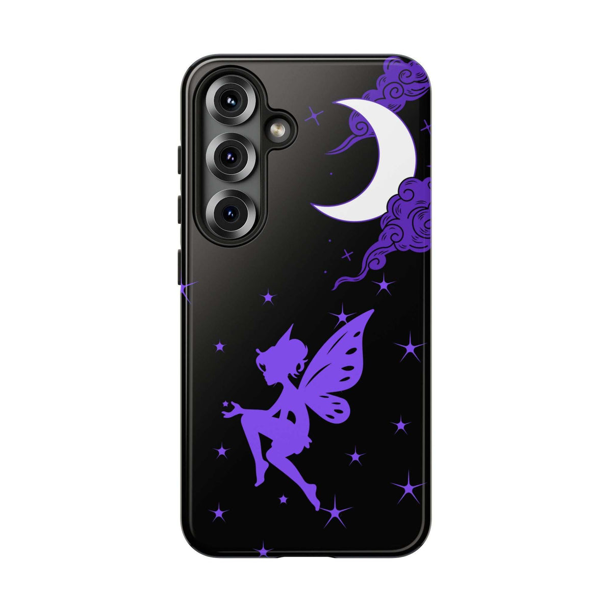 Black phone case featuring purple fairy, crescent moon, and clouds with stars; camera rings shown