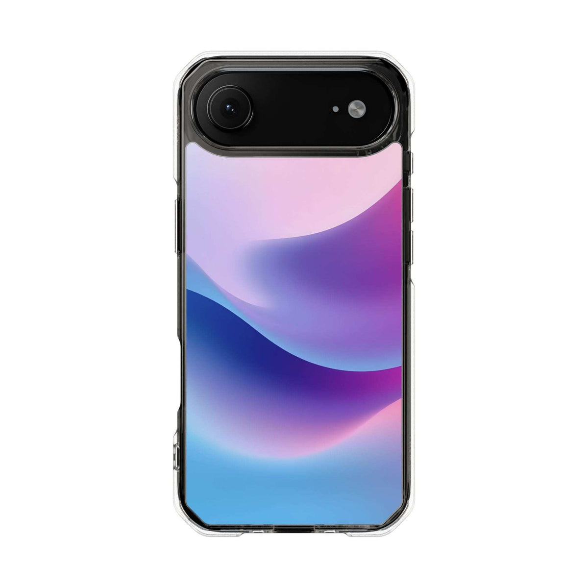 Pastel wave iPhone case with black camera bar and purple-pink-blue gradient artwork