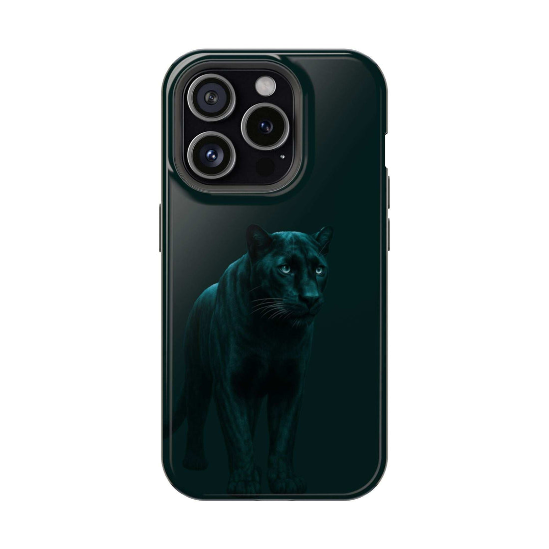 Black phone case with teal panther graphic, back view with dual camera openings