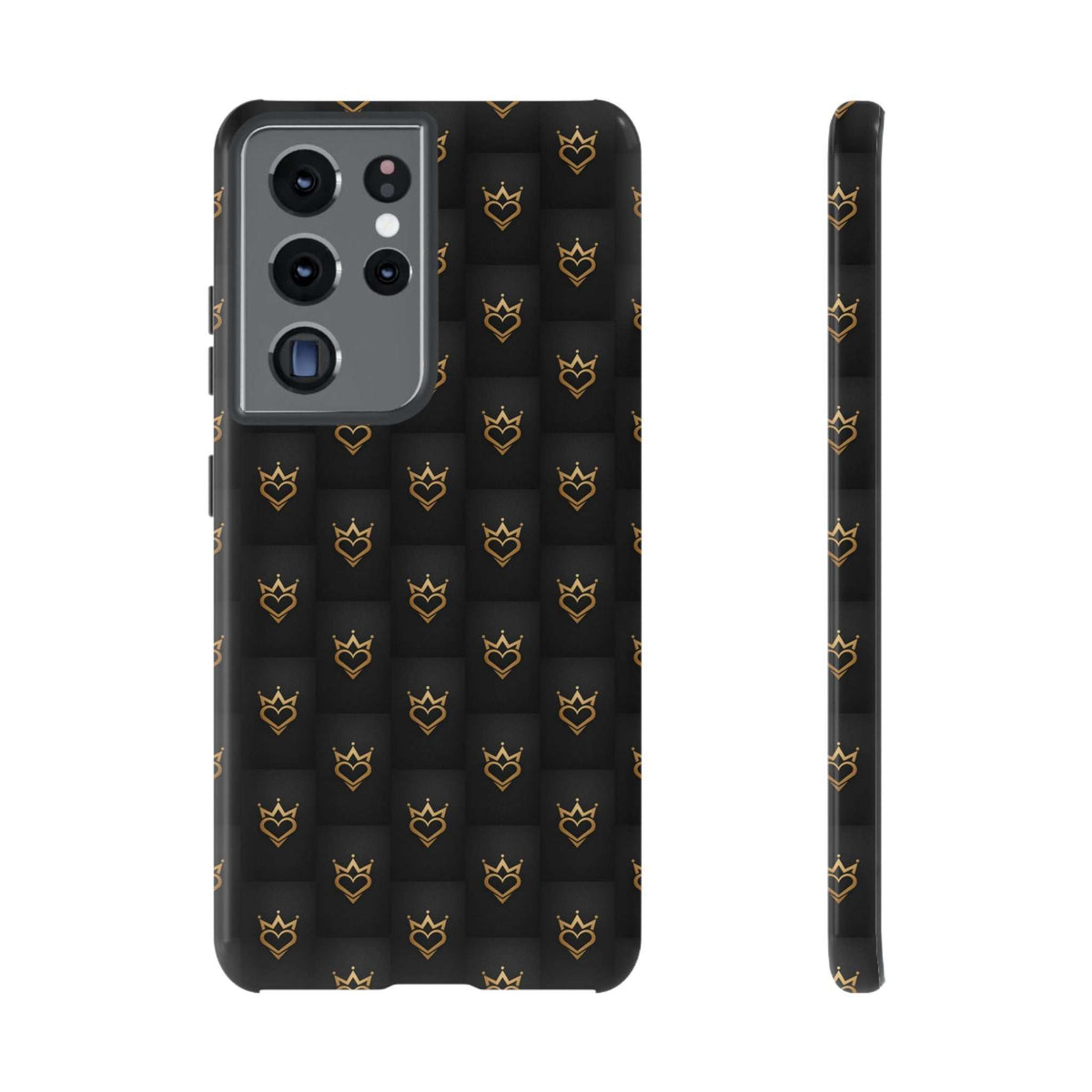 Glossy black phone case with gold crown-and-heart doodles, back camera module cutout