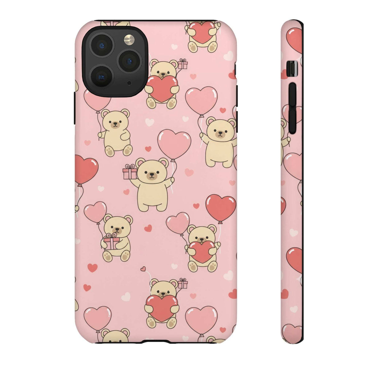 Pink phone case front and side, teddy bear figures and heart pattern with lens cutouts