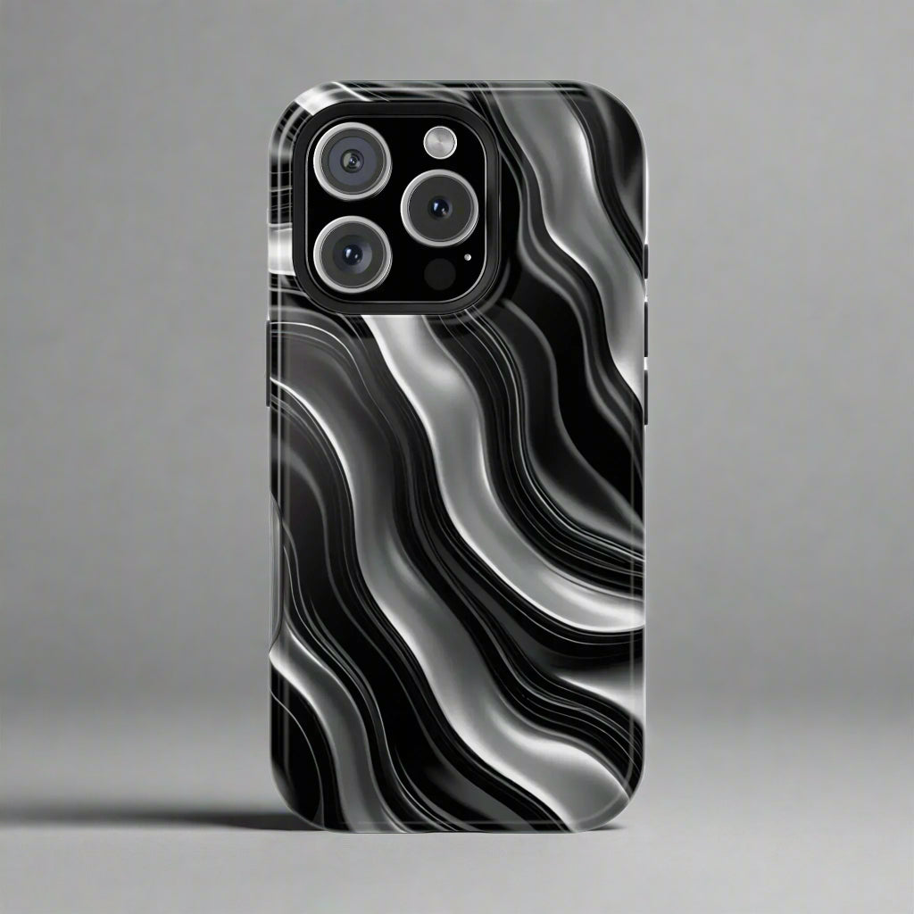 Wavy Illusion Black & Silver MagSafe® Tough Phone Case - KarArmDesign